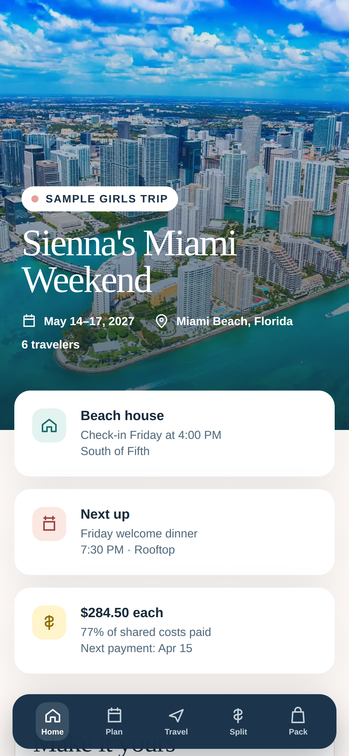 Girls trip app home screen for a Miami weekend