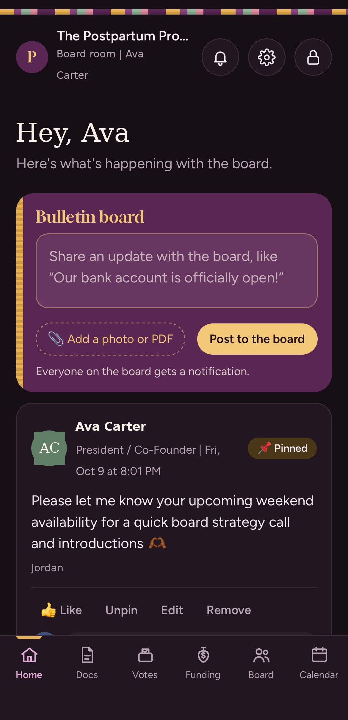 The Boardroom home screen with a bulletin board post