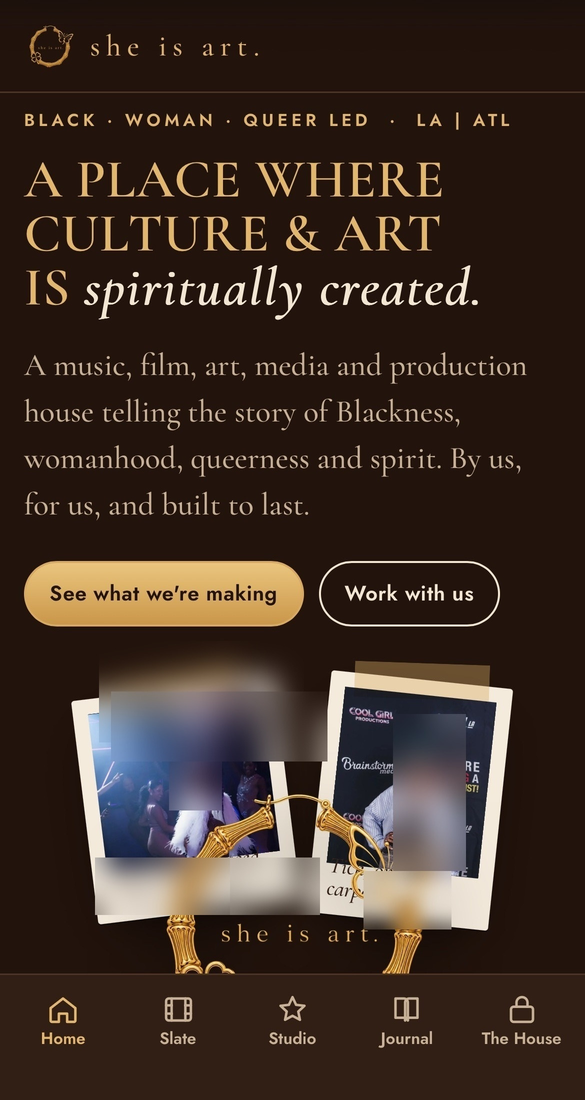 She Is Art Productions public home screen and project showcase