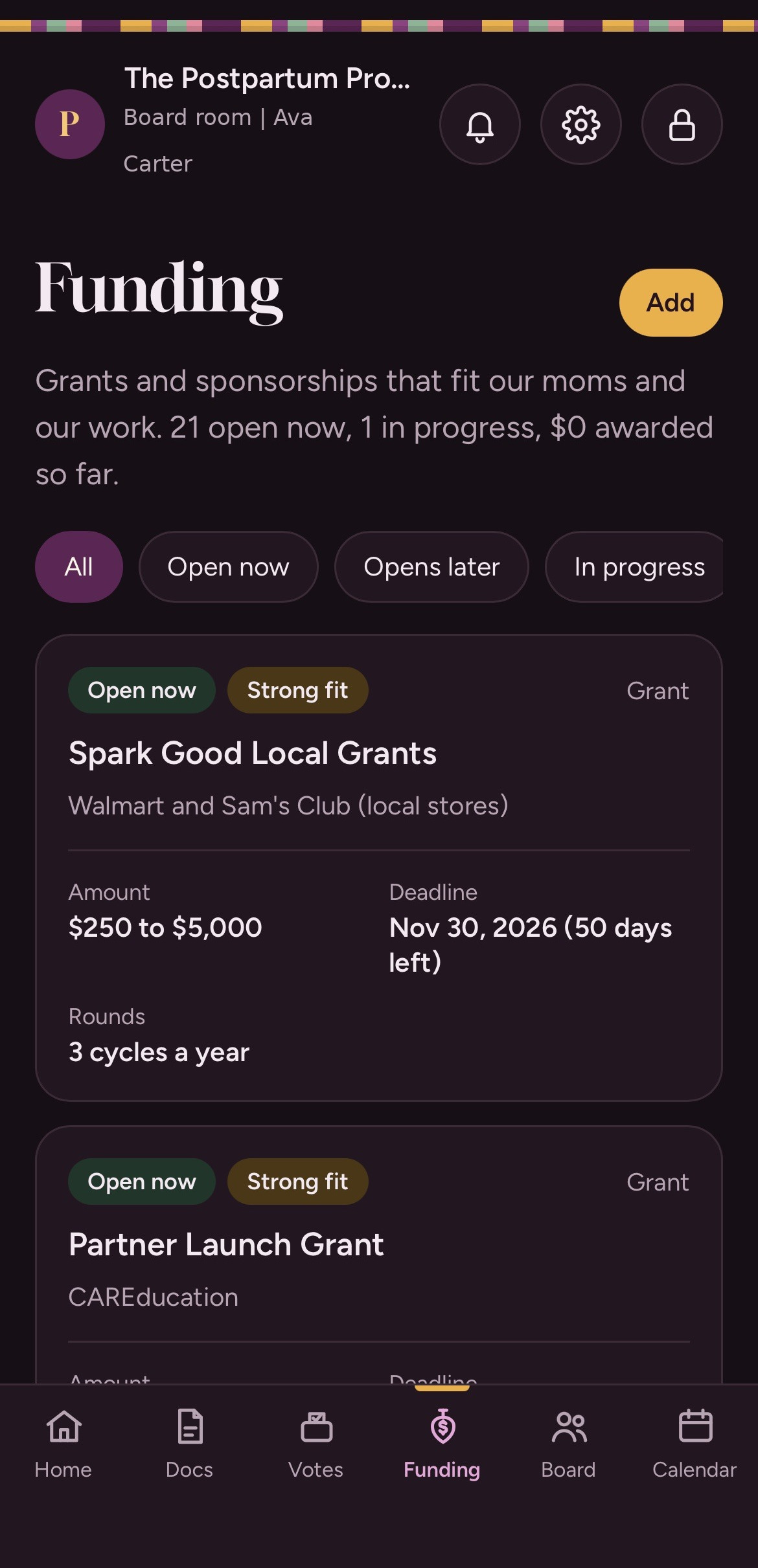 The Boardroom funding tracker with grant opportunities
